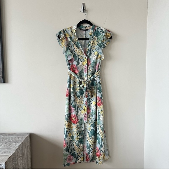 Zara Dresses & Skirts - Zara-Floral Side Slits Belt Tie Waist Midi Spring/Summer Dress (Size:XS)